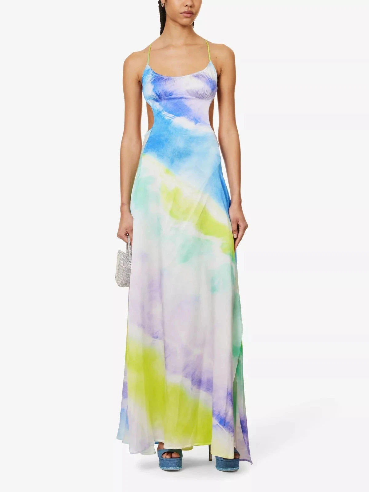 Retrofete Pastel Silk Backless Thigh Slit Scarlett Dress (MINOR FLAWS)