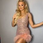 NADINE MERABI Pink Evie Pearl Sequin Embellished Feather Trim Dress - House Of Huntington