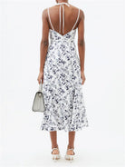 ERDEM Floral Linen Embroidered Blue White Strappy Otto Midi Dress - House Of Huntington