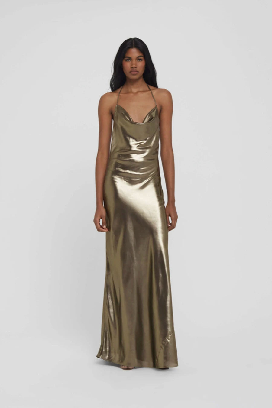 Rat And Boa Venus Liquid Gold Bias Cut Halterneck Maxi Slip Dress