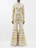 Halpern White Gold Sequinned Tiger-stripe Flared Jumpsuit - House Of Huntington