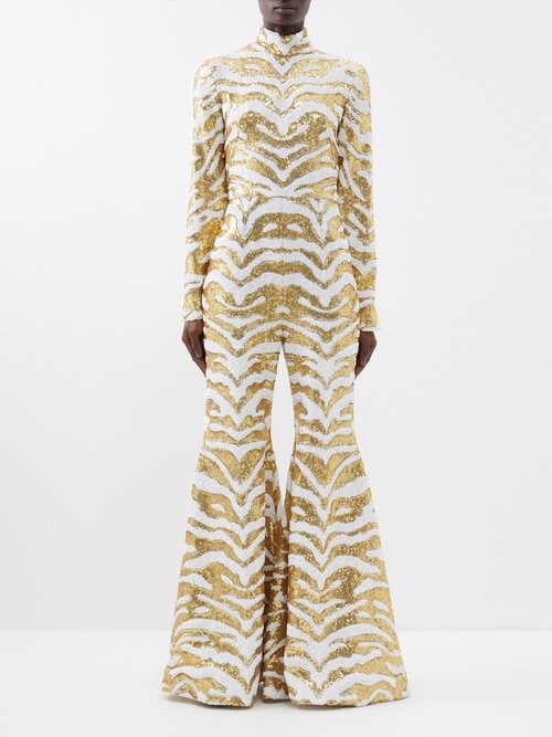 Halpern White Gold Sequinned Tiger-stripe Flared Jumpsuit - House Of Huntington
