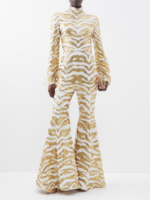 Halpern White Gold Sequinned Tiger-stripe Flared Jumpsuit - House Of Huntington