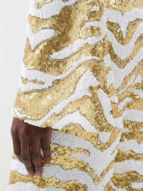 Halpern White Gold Sequinned Tiger-stripe Flared Jumpsuit - House Of Huntington