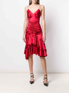 Alexandre Vauthier Ruby Red Ruched Strappy Silk Satin Dress - House Of Huntington