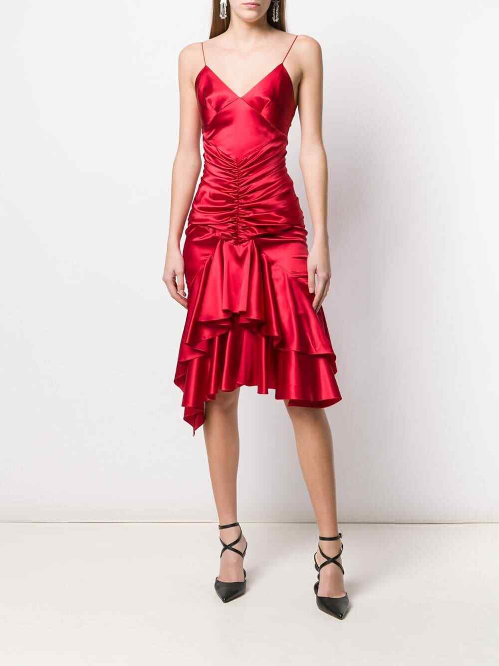 Alexandre Vauthier Ruby Red Ruched Strappy Silk Satin Dress - House Of Huntington