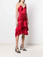 Alexandre Vauthier Ruby Red Ruched Strappy Silk Satin Dress - House Of Huntington