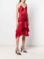 Alexandre Vauthier Ruby Red Ruched Strappy Silk Satin Dress - House Of Huntington