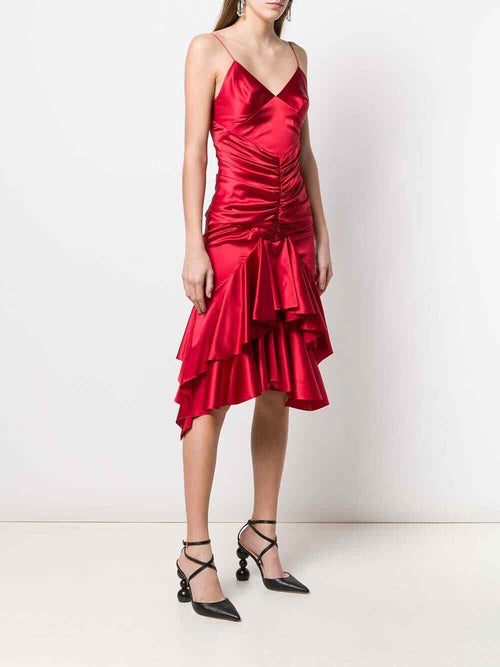 Alexandre Vauthier Ruby Red Ruched Strappy Silk Satin Dress - House Of Huntington