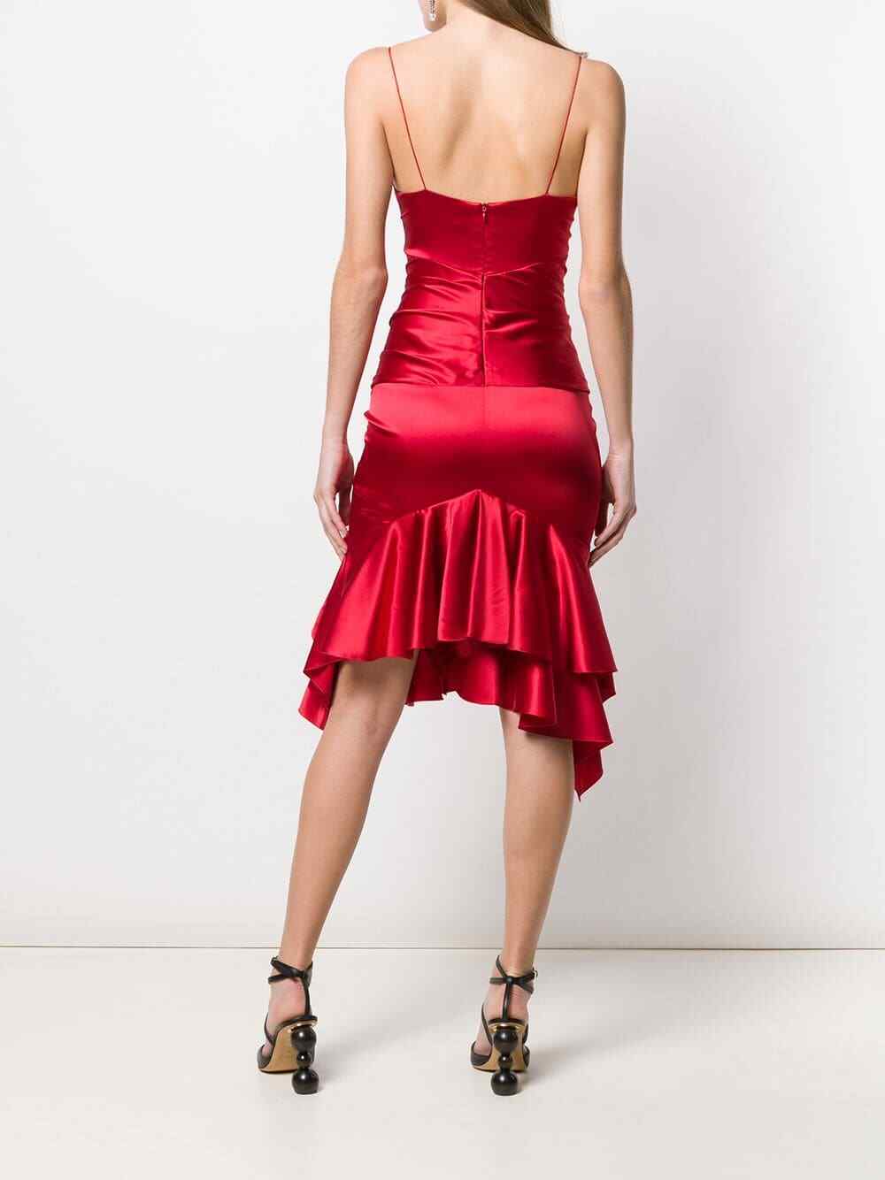 Alexandre Vauthier Ruby Red Ruched Strappy Silk Satin Dress - House Of Huntington
