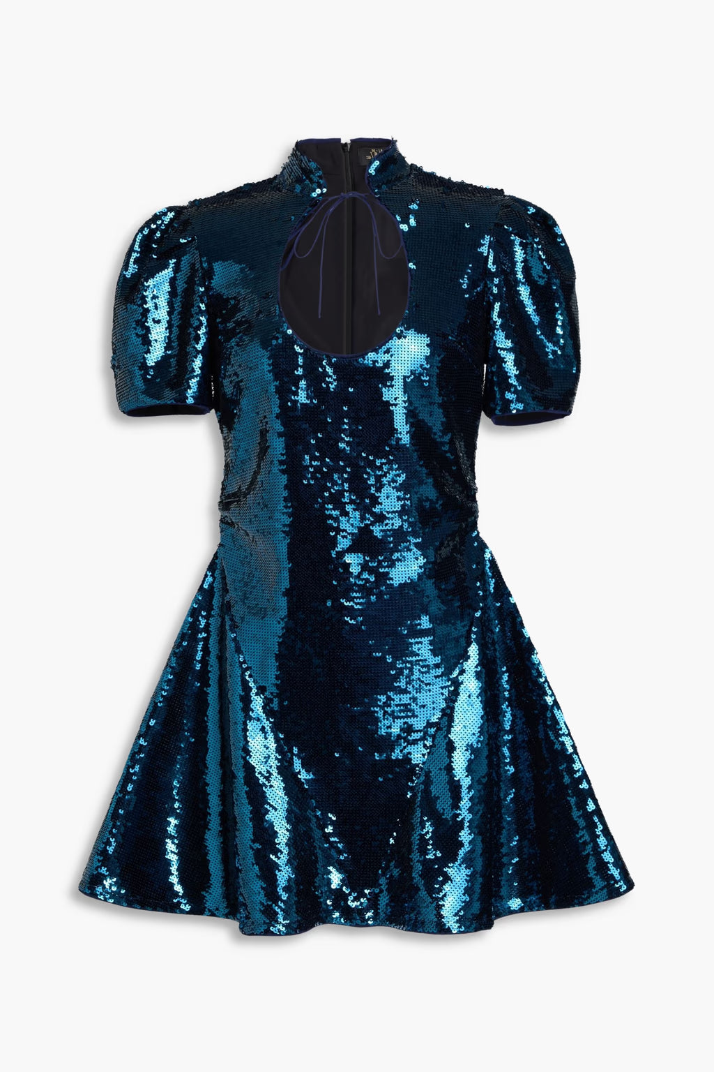 De La Vali Blue Sequinned Keyhole Front Puff Sleeve Mini dress