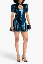 De La Vali Blue Sequinned Keyhole Front Puff Sleeve Mini dress