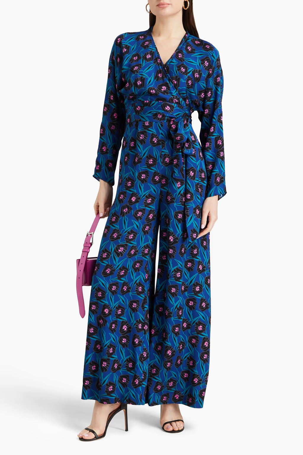 Diane von Furstenberg Blue Piper Floral Print Wrap Wide Leg Jumpsuit