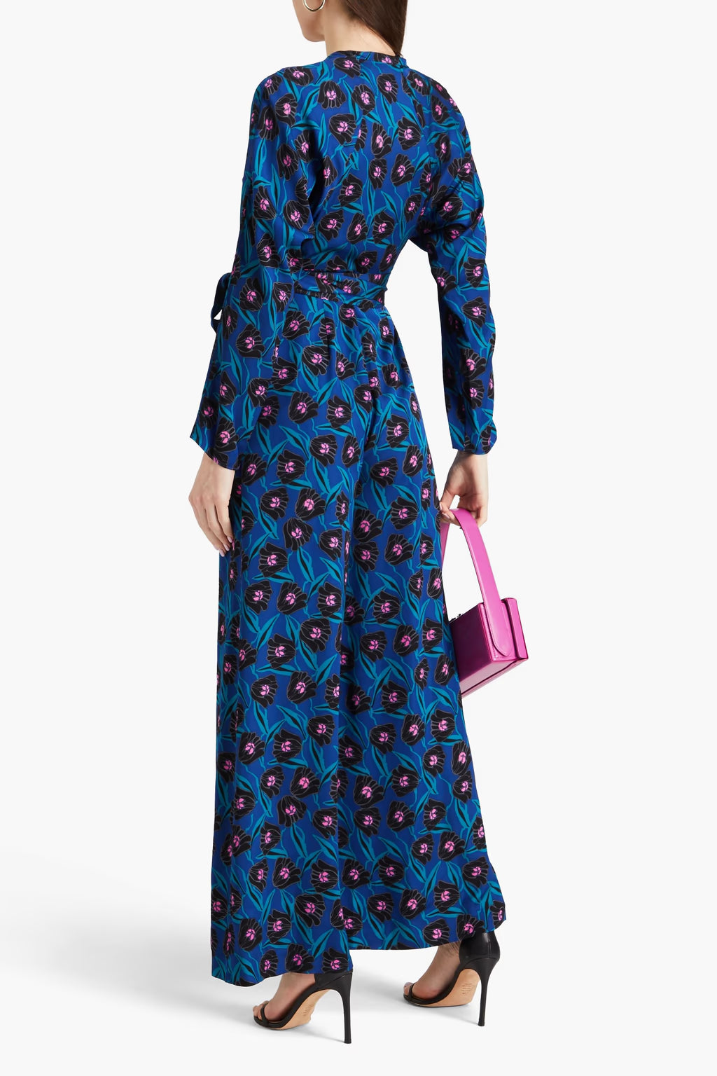 Diane von Furstenberg Blue Piper Floral Print Wrap Wide Leg Jumpsuit