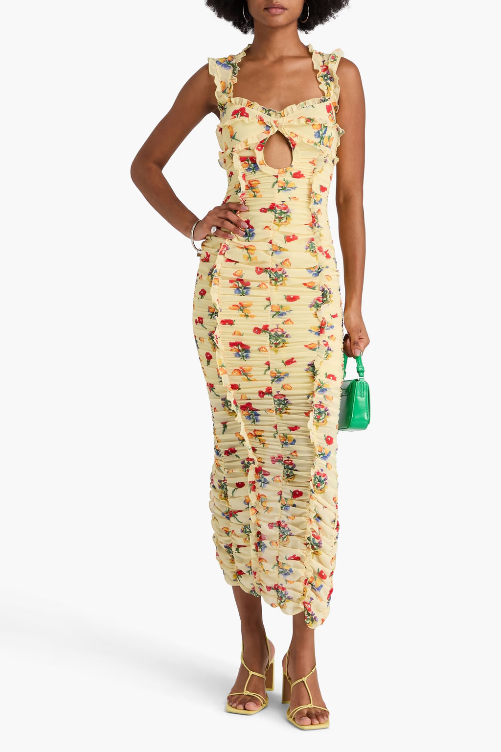 De La Vali Yellow Floral Print Georgette Pampapato Versailles Garden Midi Dress