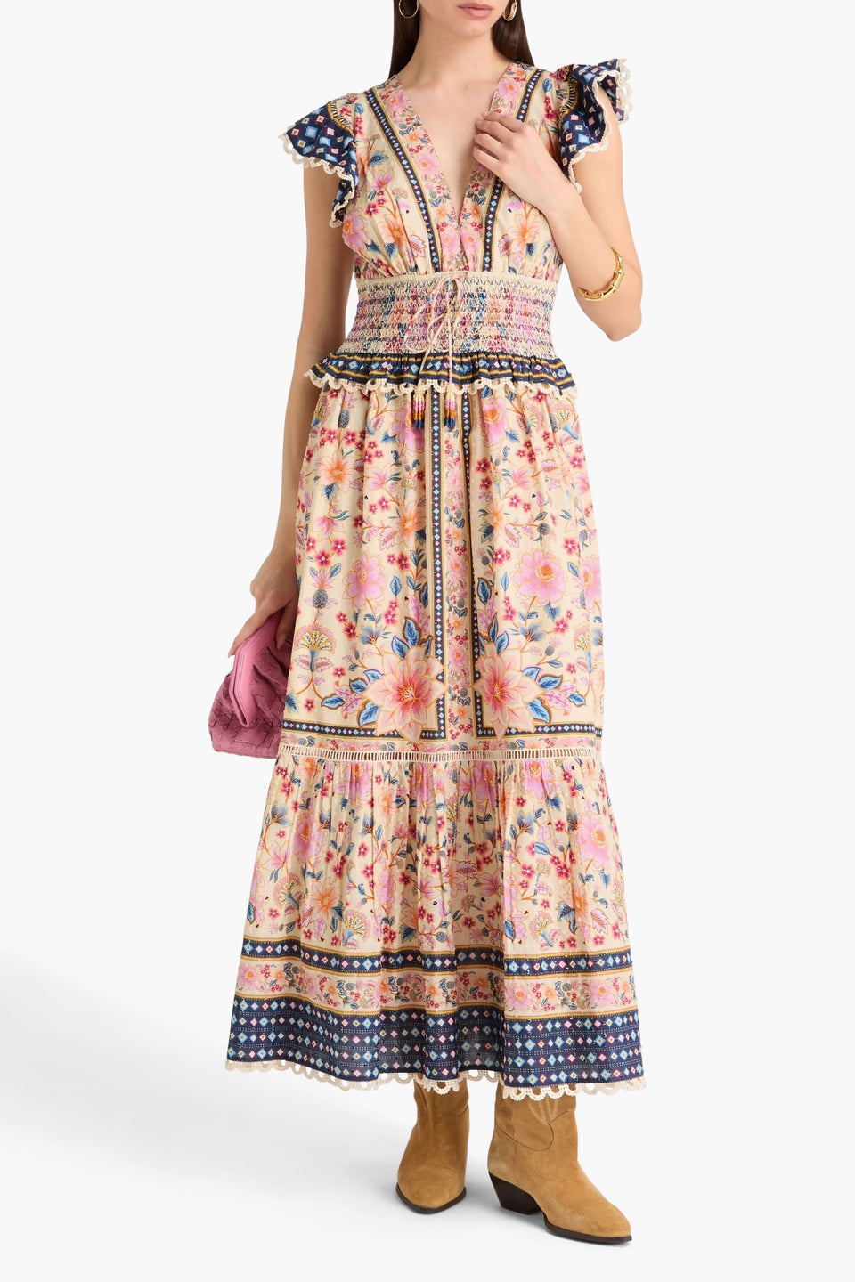 Farm Rio Crochet-trimmed floral-print Swiss-dot cotton maxi dress