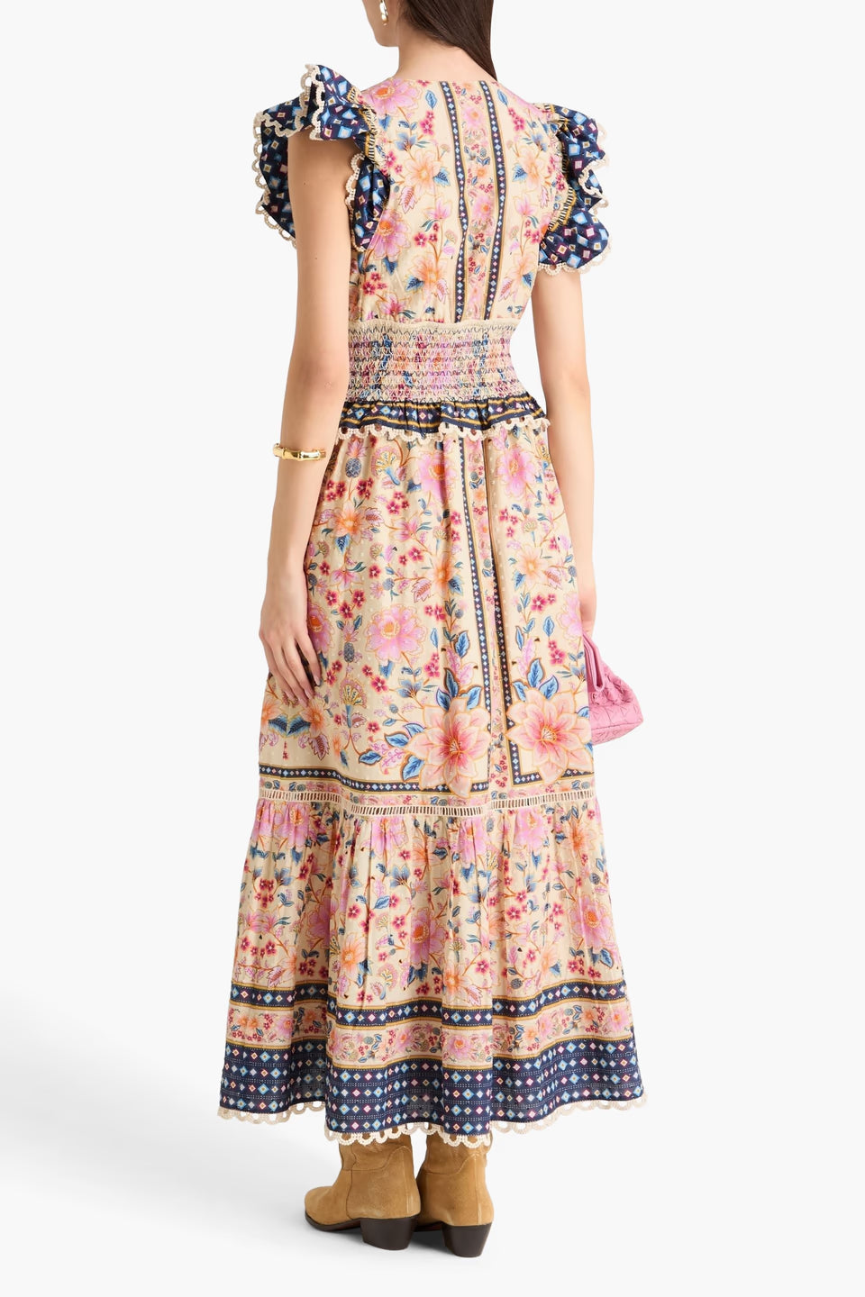 Farm Rio Crochet-trimmed floral-print Swiss-dot cotton maxi dress