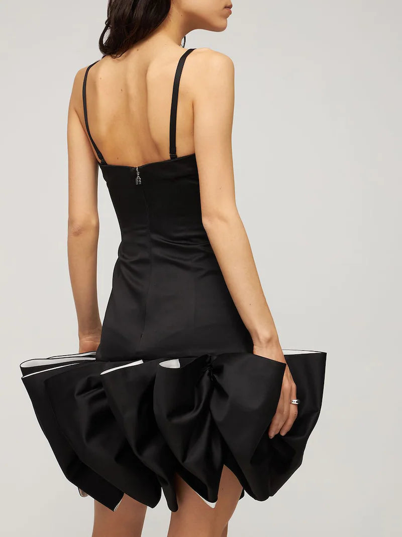 ROTATE Leiza Black Ruffled Satin Oversized Bow Details Mini Dress - House Of Huntington