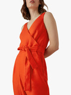 Karen Millen Orange Cinched Waist V Neck Linen Blend Jumpsuit - House Of Huntington