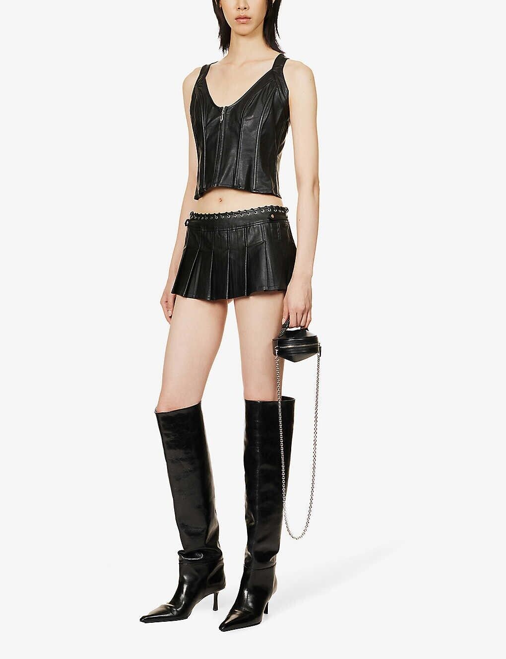 MIAOU Renn Low Rise Vegan Leather Pleated Eyelet Grunge Mini Skirt - House Of Huntington