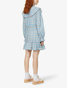 GANNI Prairie Pink Blue Gingham Check Seersucker Ruffle High Neck Dress - House Of Huntington