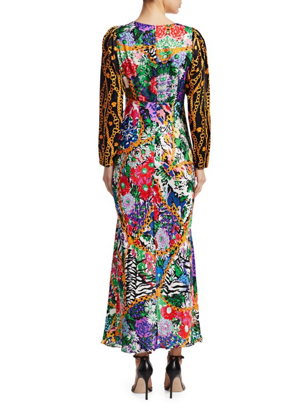 Rixo London Madonna Silk Floral Chain Mixed Satin Wrap Dress - House Of Huntington