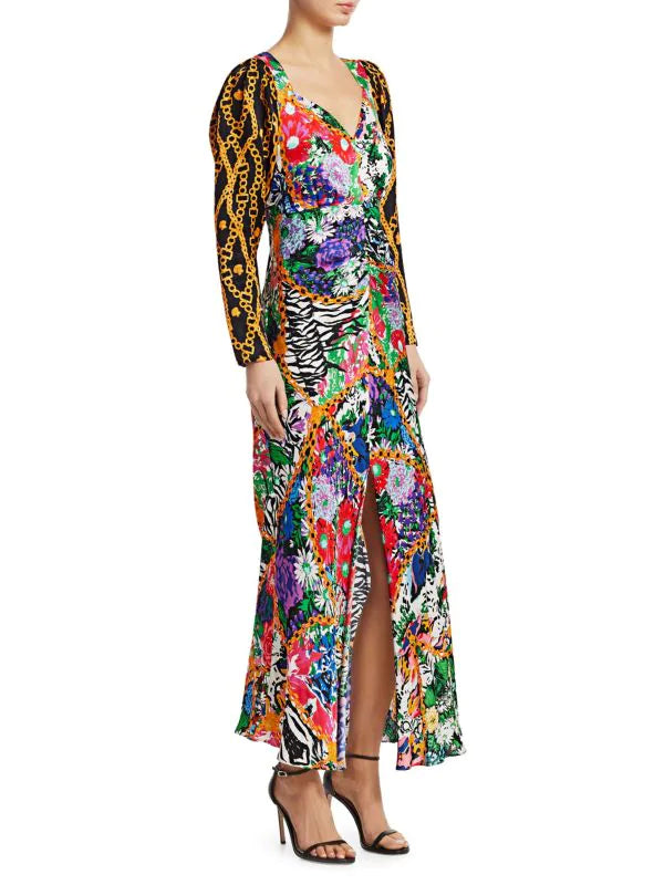 Rixo London Madonna Silk Floral Chain Mixed Satin Wrap Dress - House Of Huntington