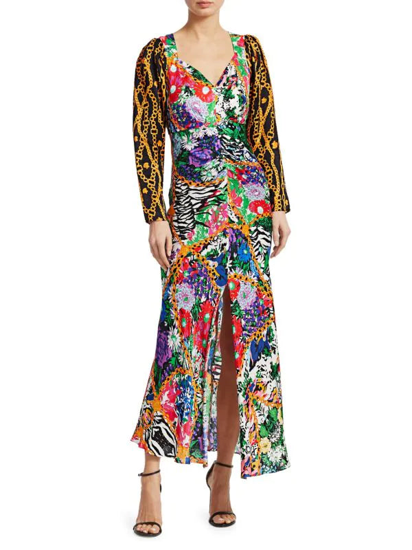 Rixo London Madonna Silk Floral Chain Mixed Satin Wrap Dress - House Of Huntington