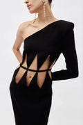 MONOT Black One Shoulder Diamond Cut Out Evening Black Dress Gown - House Of Huntington