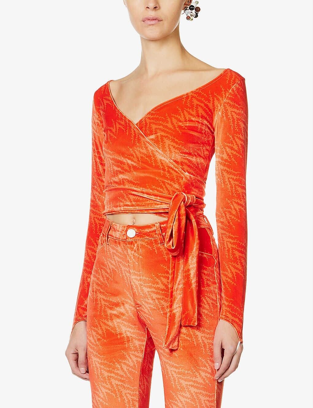 MAISIE WILEN Dramady Orange Abstract Print Velour Wrap Top - House Of Huntington