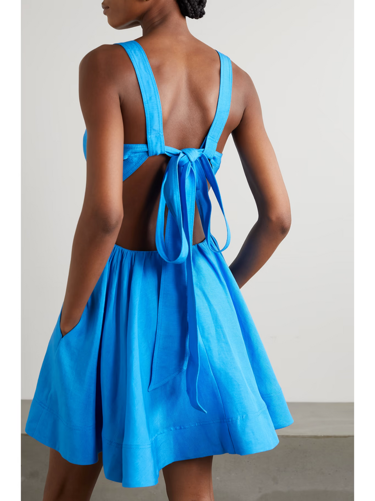 AJE Blue Dress Linen Azure Clara Tie Back