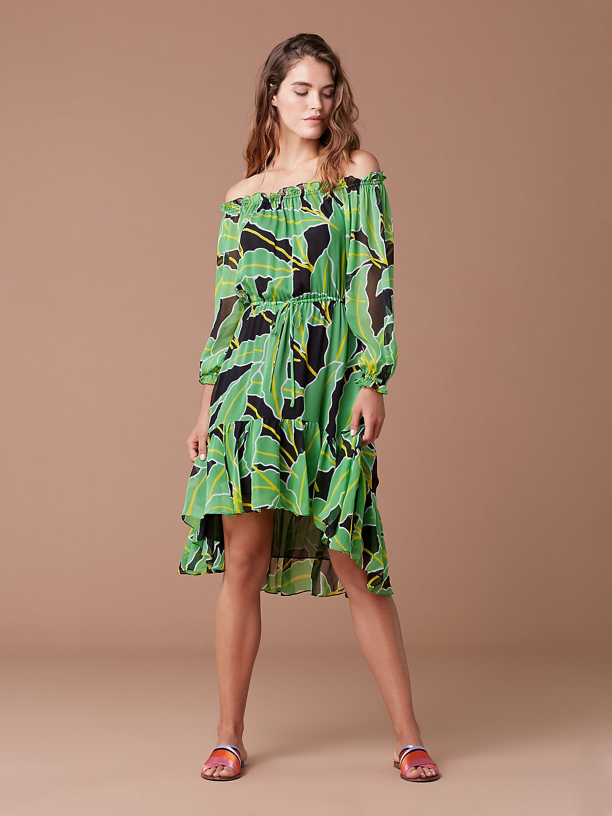 DVF Camila Silk Chiffon Palm Print Dress