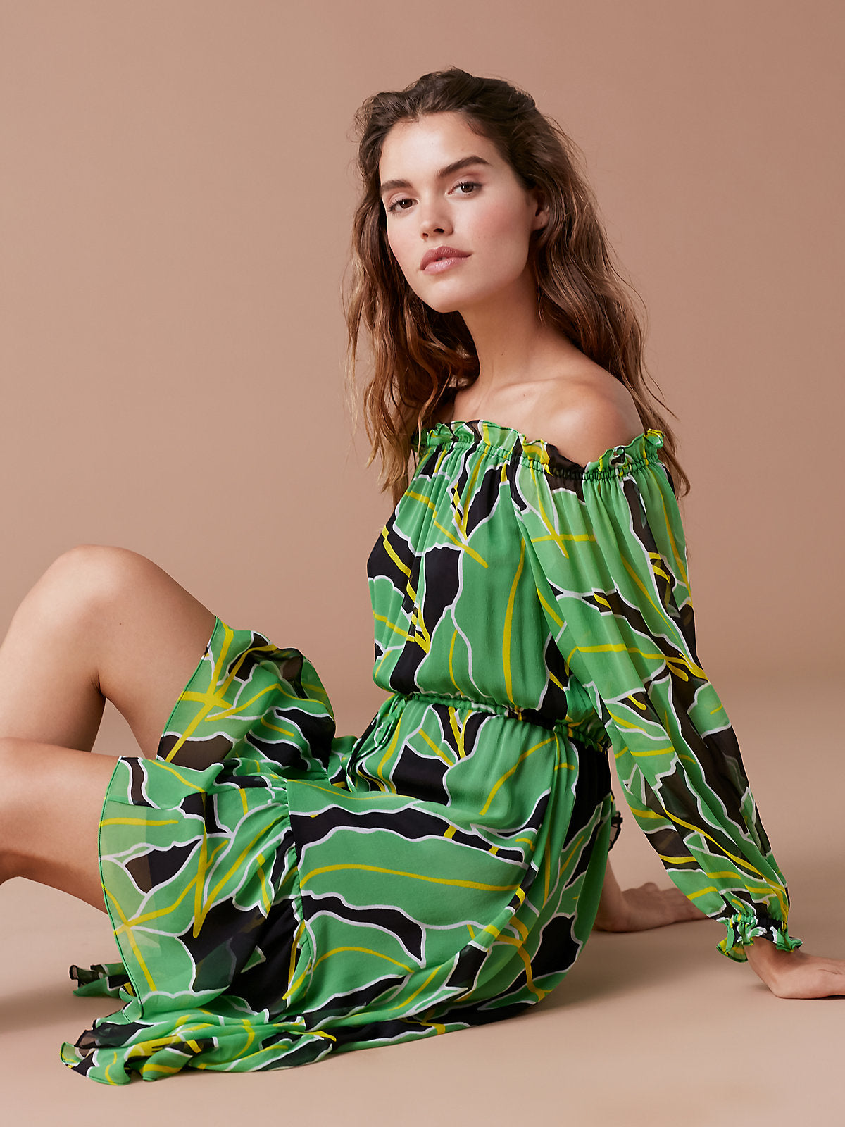 Diane Von Furstenberg DVF Camila Silk Chiffon Palm Print Dress - House Of Huntington
