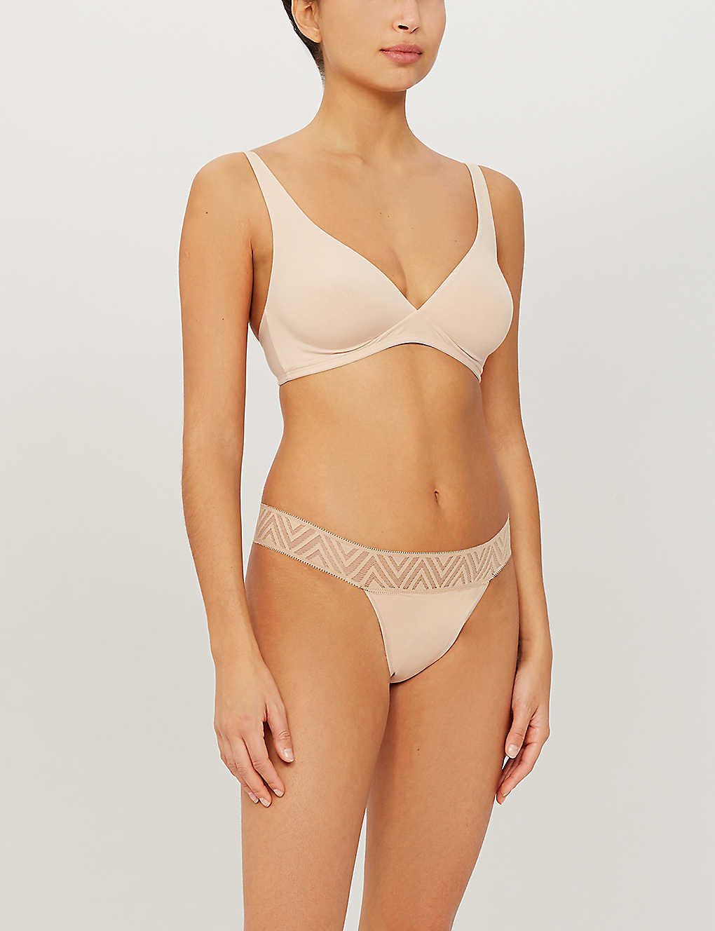 THINX Mid Rise Lace And Stretch Jersey Period Thong In Beige - House Of Huntington