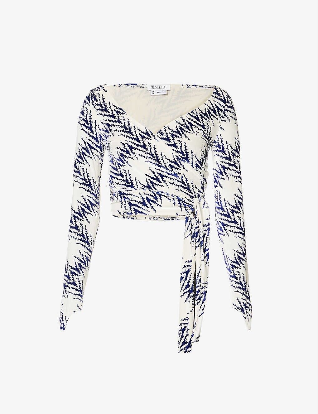 MAISIE WILEN Dramady Blue White Abstract Print Velour Wrap Top - House Of Huntington