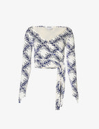 MAISIE WILEN Dramady Blue White Abstract Print Velour Wrap Top - House Of Huntington