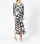 Rixo London Ziggy Houndstooth White Black Print V-Neck Satin Slit Leg Midi Dress - House Of Huntington