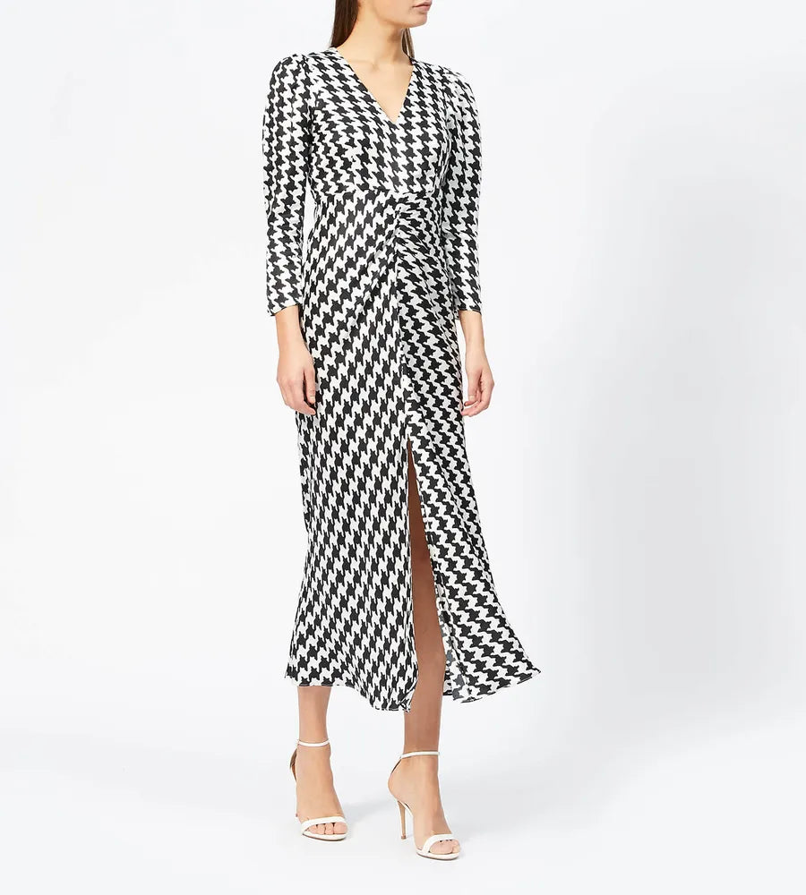 Rixo London Ziggy Houndstooth White Black Print V-Neck Satin Slit Leg Midi Dress - House Of Huntington