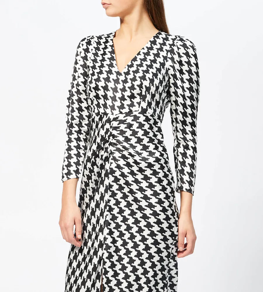 Rixo London Ziggy Houndstooth White Black Print V-Neck Satin Slit Leg Midi Dress - House Of Huntington
