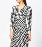 Rixo London Ziggy Houndstooth White Black Print V-Neck Satin Slit Leg Midi Dress - House Of Huntington