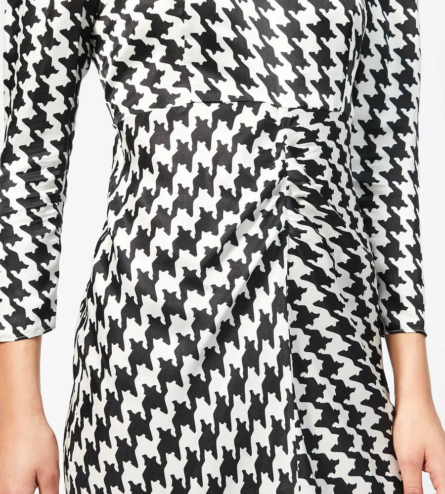 Rixo London Ziggy Houndstooth White Black Print V-Neck Satin Slit Leg Midi Dress - House Of Huntington