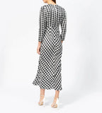 Rixo London Ziggy Houndstooth White Black Print V-Neck Satin Slit Leg Midi Dress - House Of Huntington