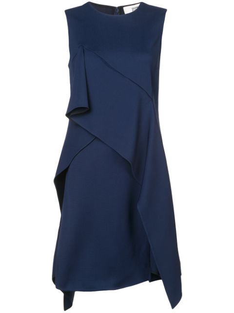 Diane Von Furstenberg DVF Navy Blue Ruffle Front Linen Blend Dress - House Of Huntington