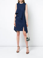 Diane Von Furstenberg DVF Navy Blue Ruffle Front Linen Blend Dress - House Of Huntington