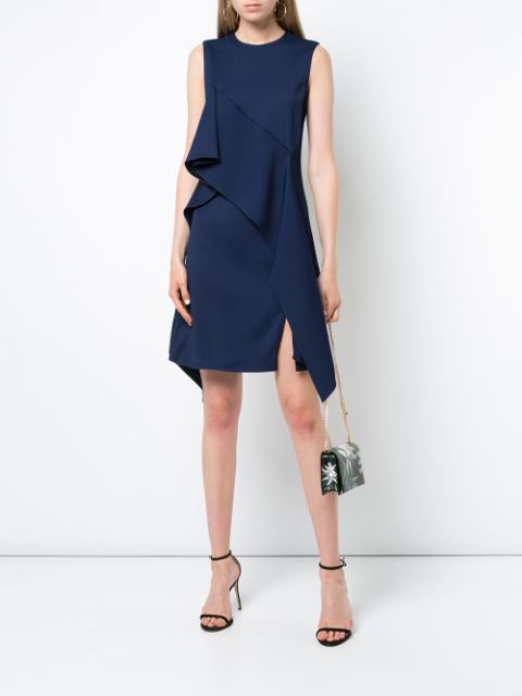 DVF Navy Blue Ruffle Front Linen Blend Dress