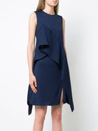 Diane Von Furstenberg DVF Navy Blue Ruffle Front Linen Blend Dress - House Of Huntington