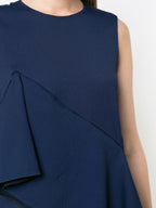 Diane Von Furstenberg DVF Navy Blue Ruffle Front Linen Blend Dress - House Of Huntington