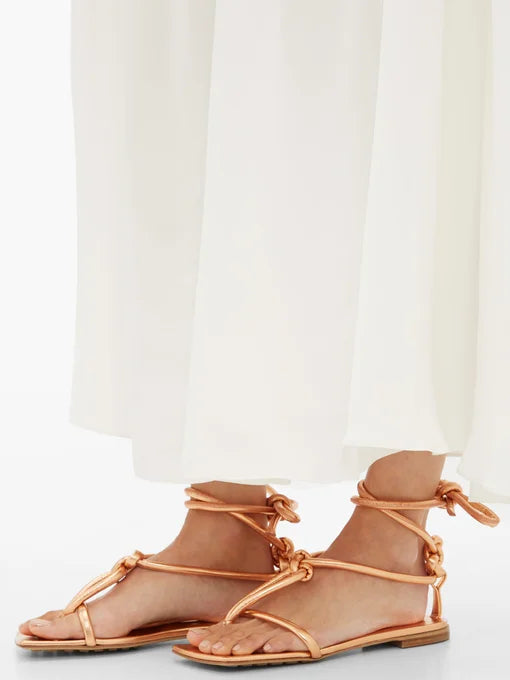 Bottega Veneta Rose Gold Square Toe Knotted Leather Sandals Flats
