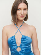 Reformation Antoni Keyhole Silk-Satin Midi Dress in Grotto Blue - House Of Huntington