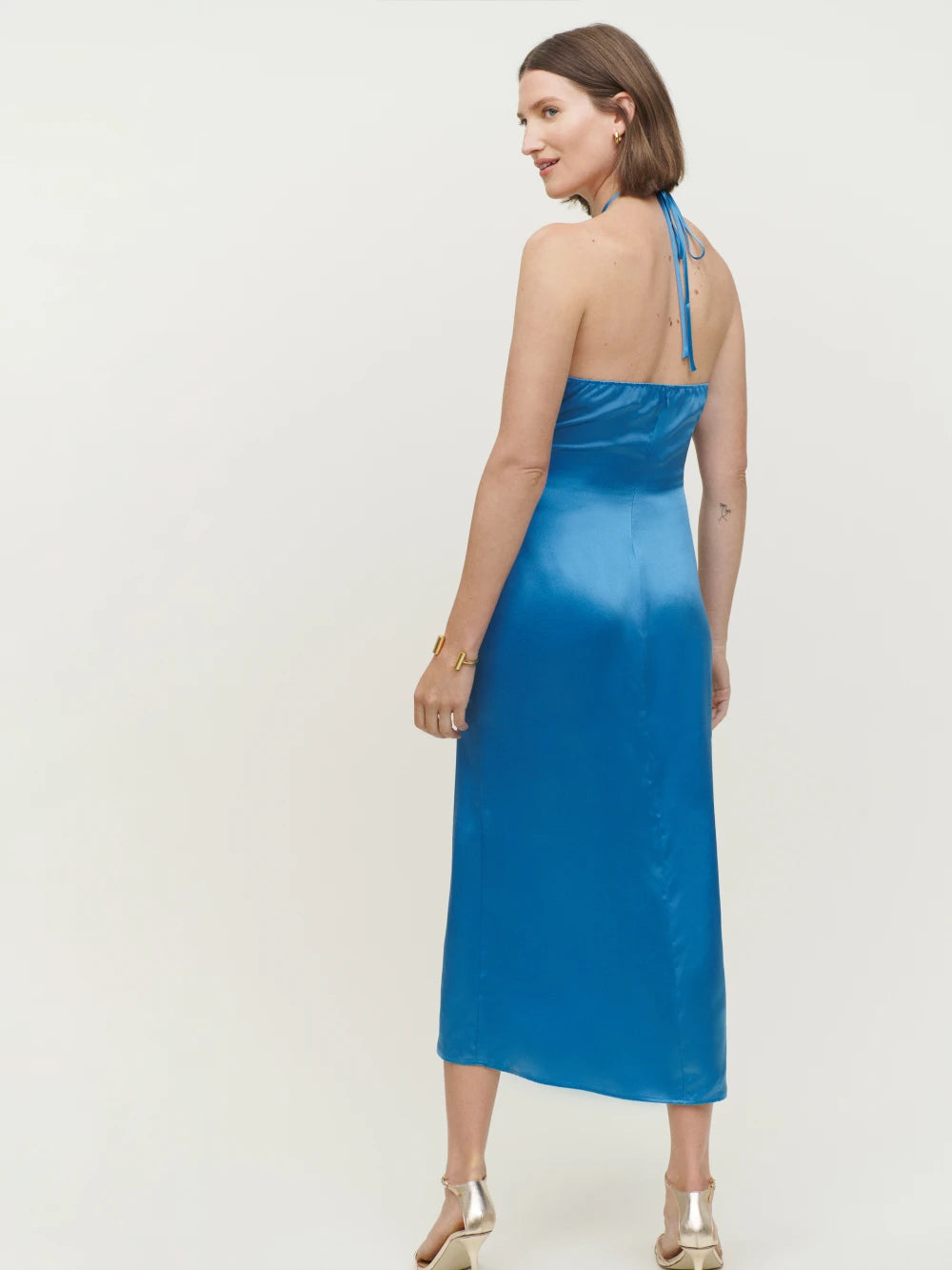 Reformation Antoni Keyhole Silk-Satin Midi Dress in Grotto Blue - House Of Huntington